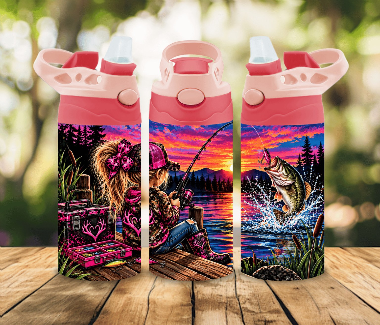 12 oz Girls Fishing Water Bottle | Pink Camo Bass Fishing Design | Outdoor Girl Gift