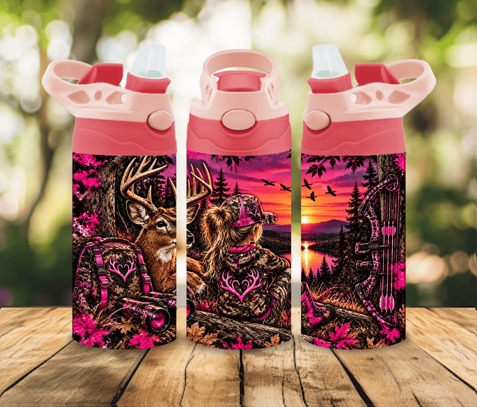 12 oz Girls Hunting Water Bottle | Pink Camo Deer Bow Hunting Design | Country Girl Gift