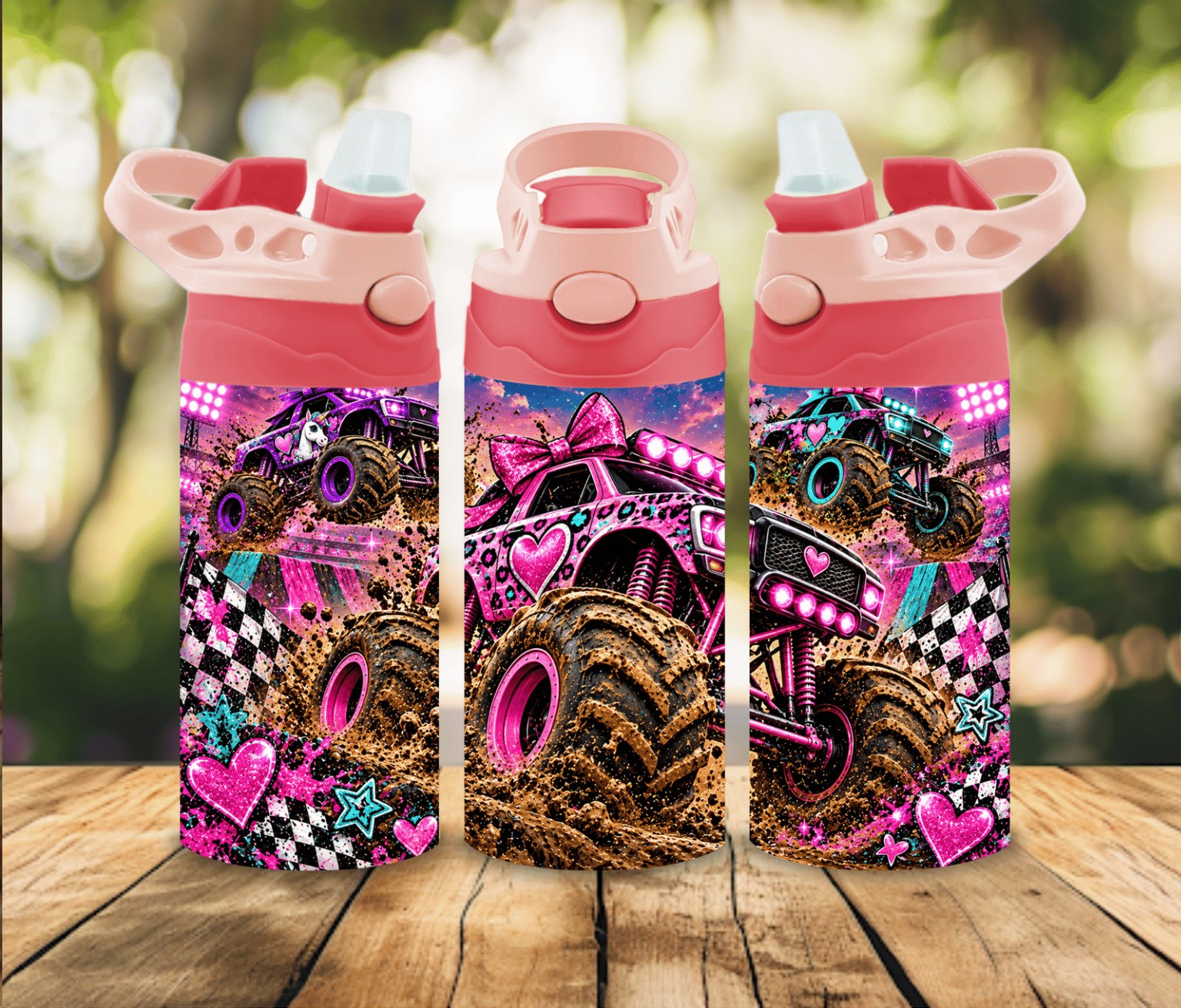 12 oz Girls Monster Truck Water Bottle | Pink Leopard Print Trucks | Kids Racing Gift