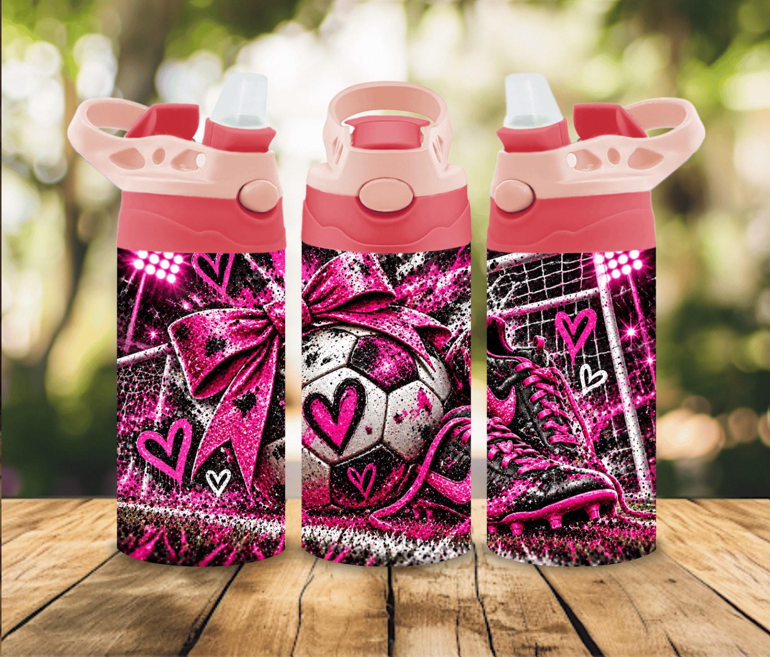 12 oz Girls Soccer Water Bottle | Pink Glitter Soccer Ball & Bow | Girls Sports Gift