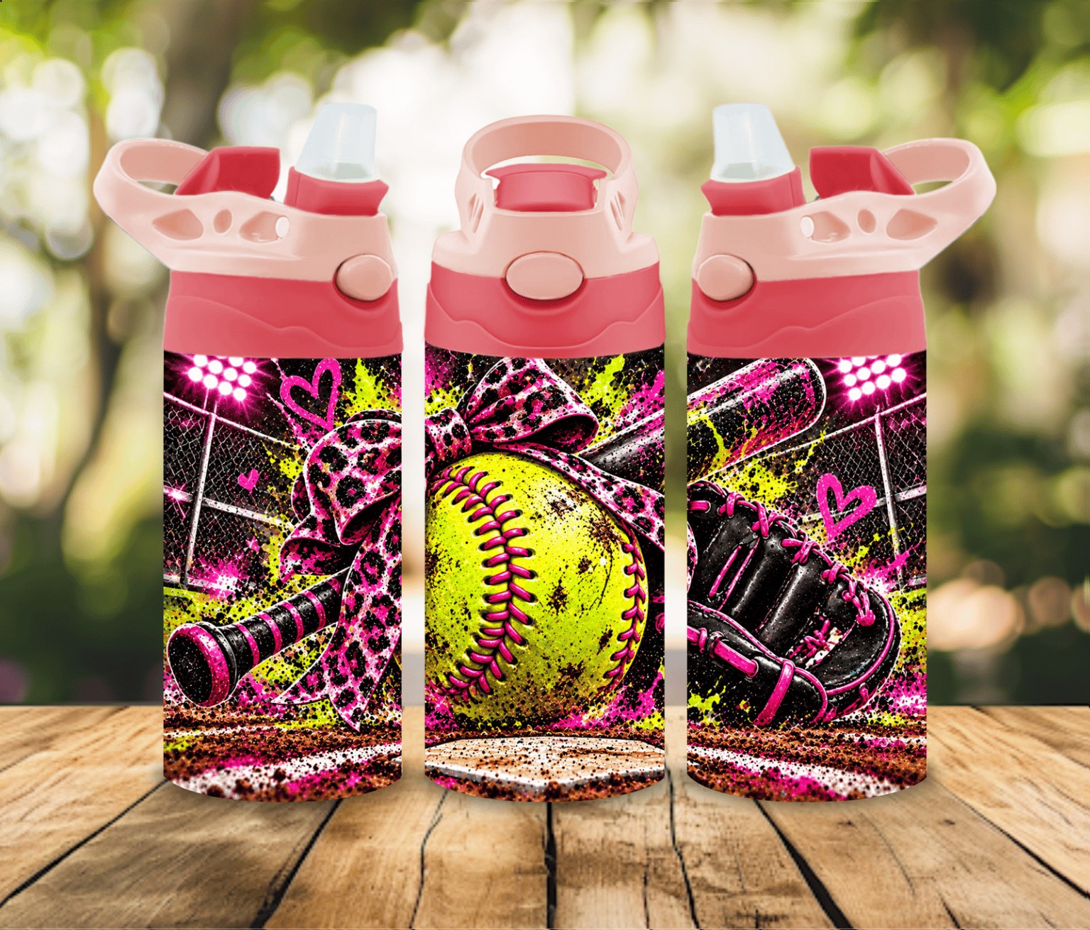 12 oz Girls Softball Water Bottle | Pink Leopard Print Softball Design | Sports Gift