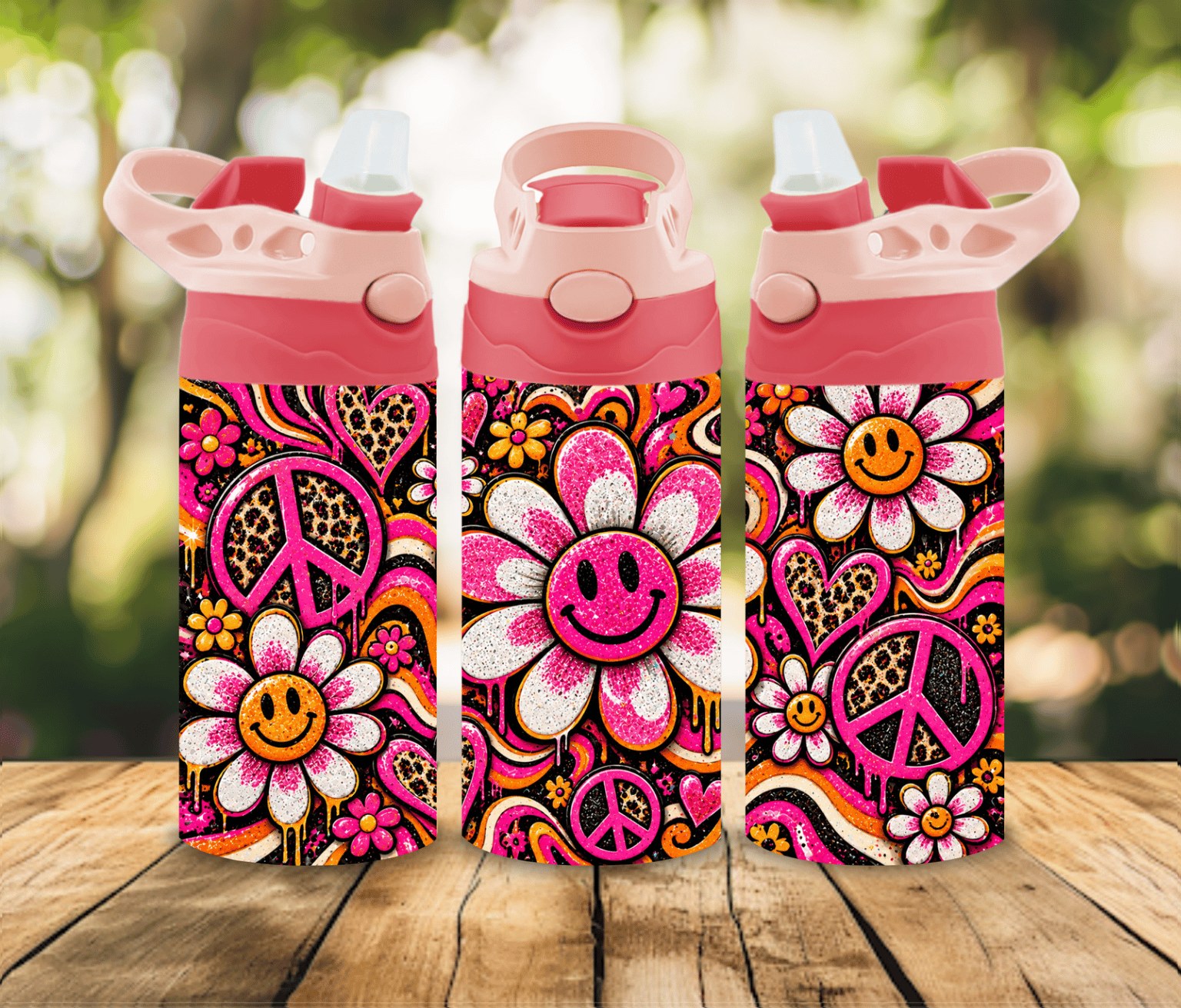 12 oz Groovy Flower Water Bottle | Pink Hippie Peace Signs & Smiley Faces | Girls Kids Gift