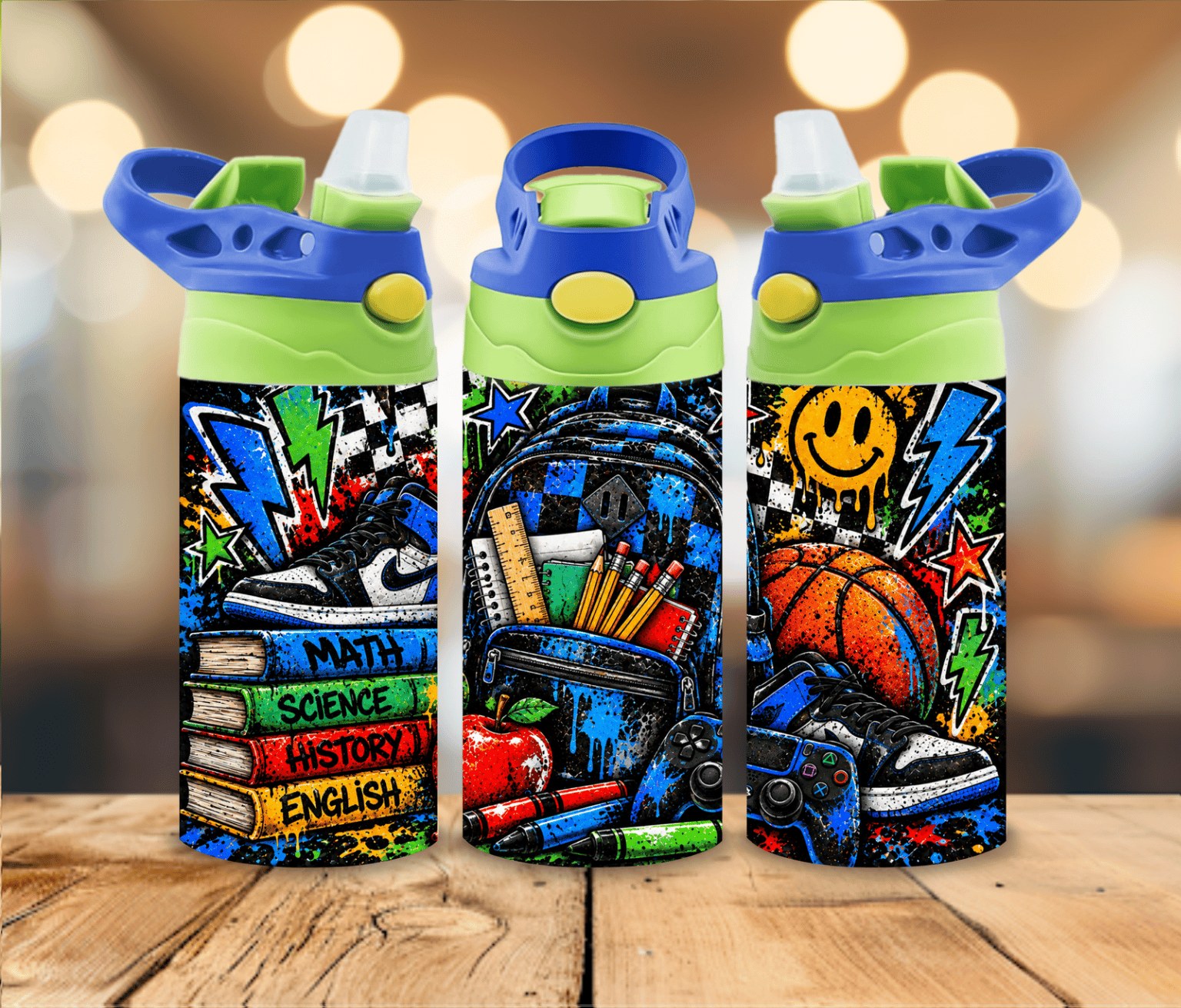 12 oz Kids Back to School Water Bottle | Blue Graffiti Backpack Sports Gaming Design