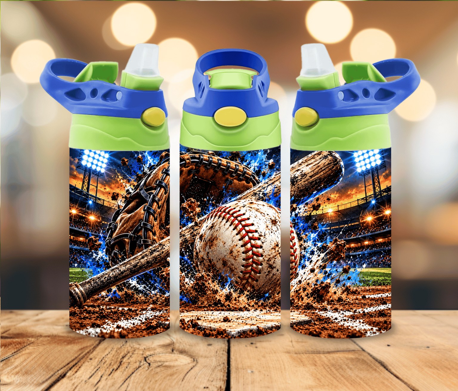 12 oz Kids Baseball Water Bottle | Baseball Bat Glove Sports Design | Boys Girls Gift