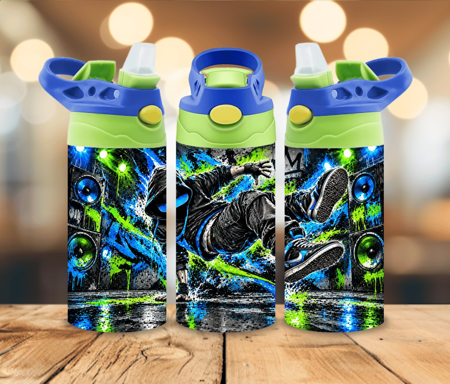 12 oz Kids Breakdance Water Bottle | Neon Blue Green Hip Hop Street Dance Graffiti Design
