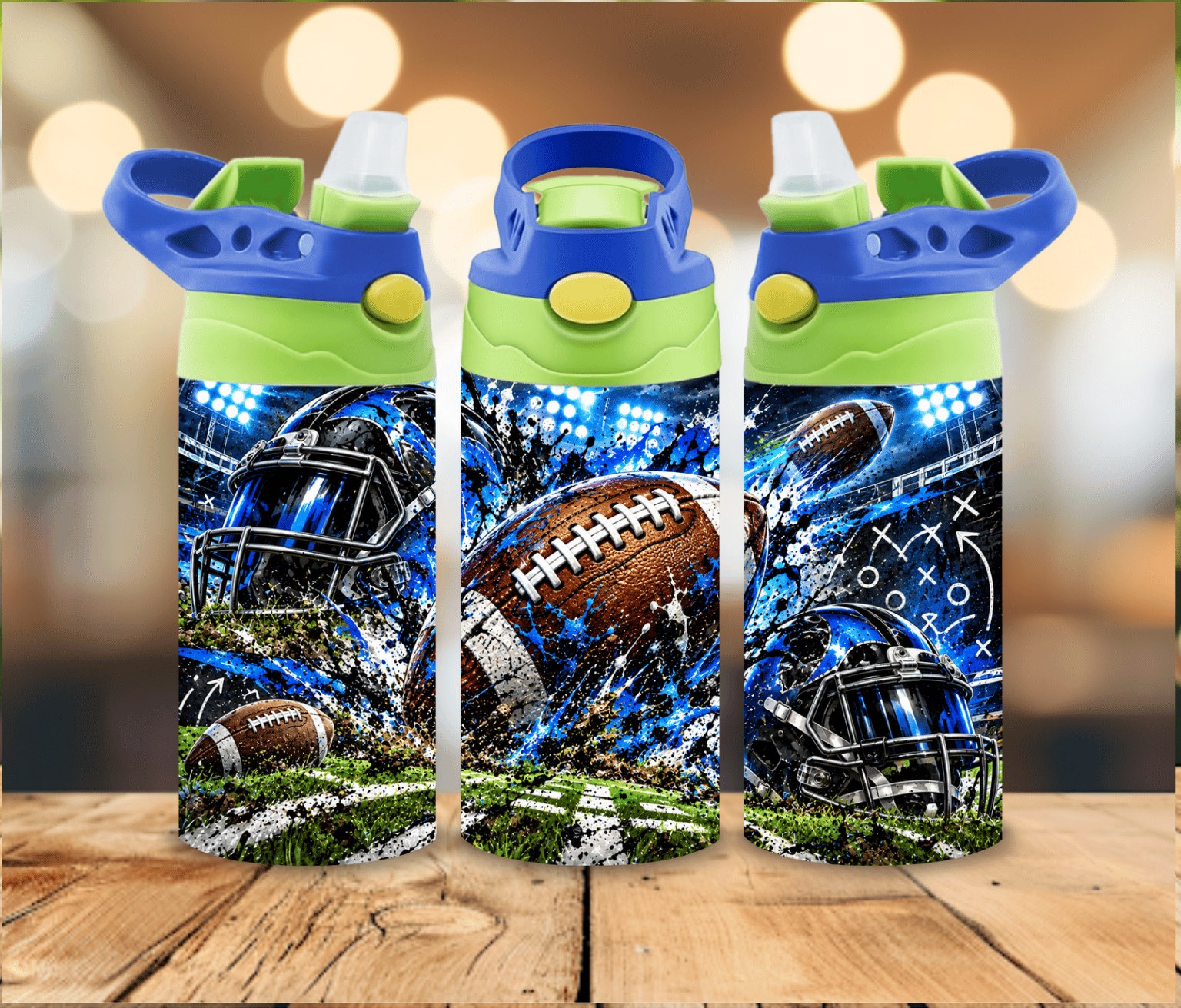 12 oz Kids Football Water Bottle | Blue Black Football Helmet Sports Design | Boys Girls Gift