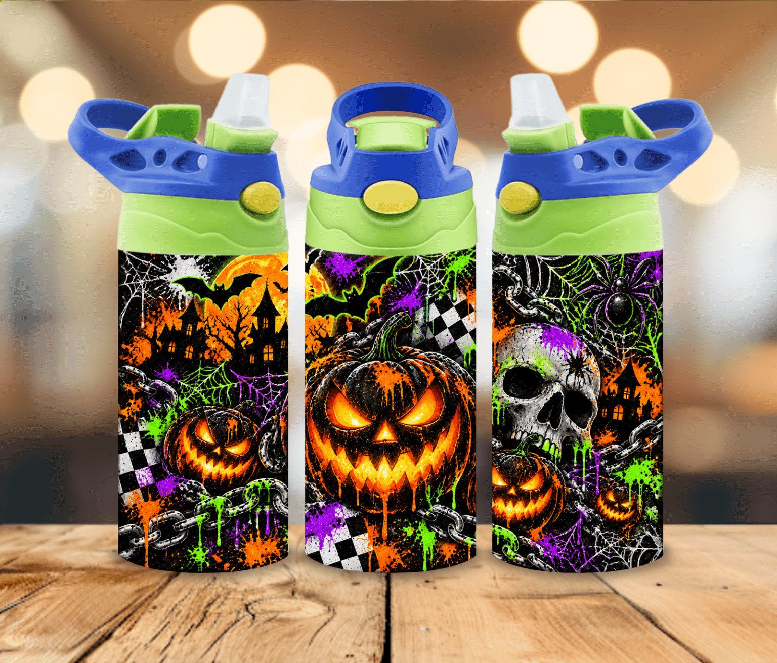 12 oz Kids Halloween Water Bottle | Spooky Jack O Lantern Skulls Bats & Neon Gothic Design