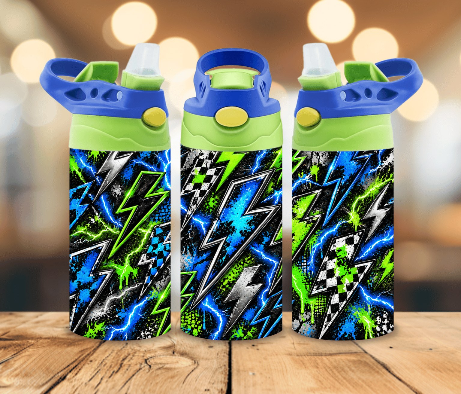 12 oz Kids Lightning Bolt Water Bottle | Neon Green Blue Black Thunderbolt Design