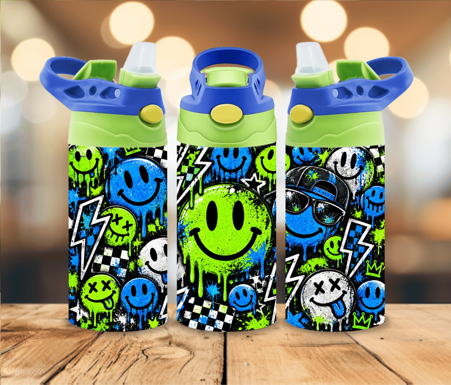 12 oz Kids Smiley Face Water Bottle | Neon Green Blue Graffiti Lightning Bolt Design