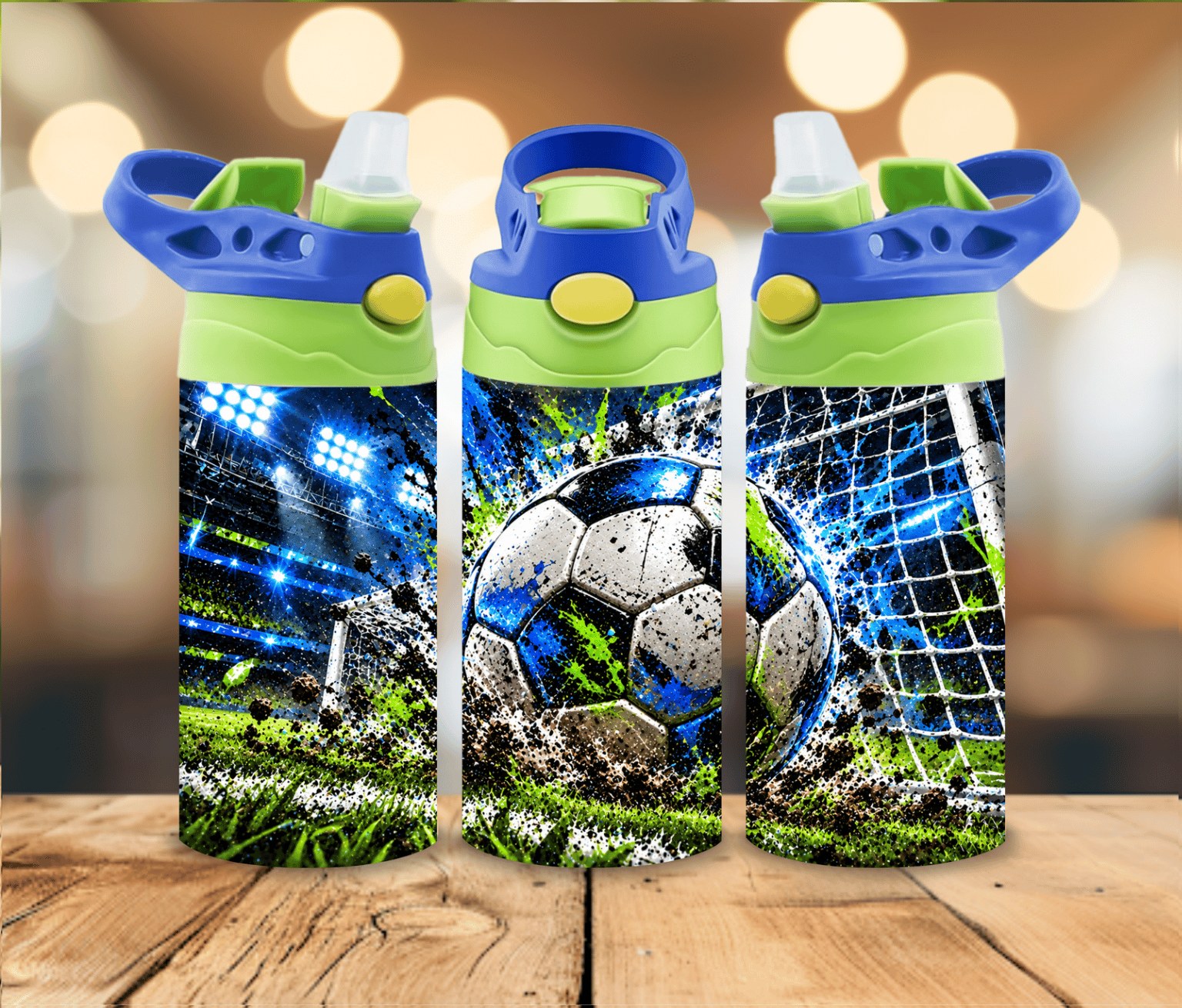 12 oz Kids Soccer Water Bottle | Blue Green Soccer Ball Sports Design | Boys Girls Gift