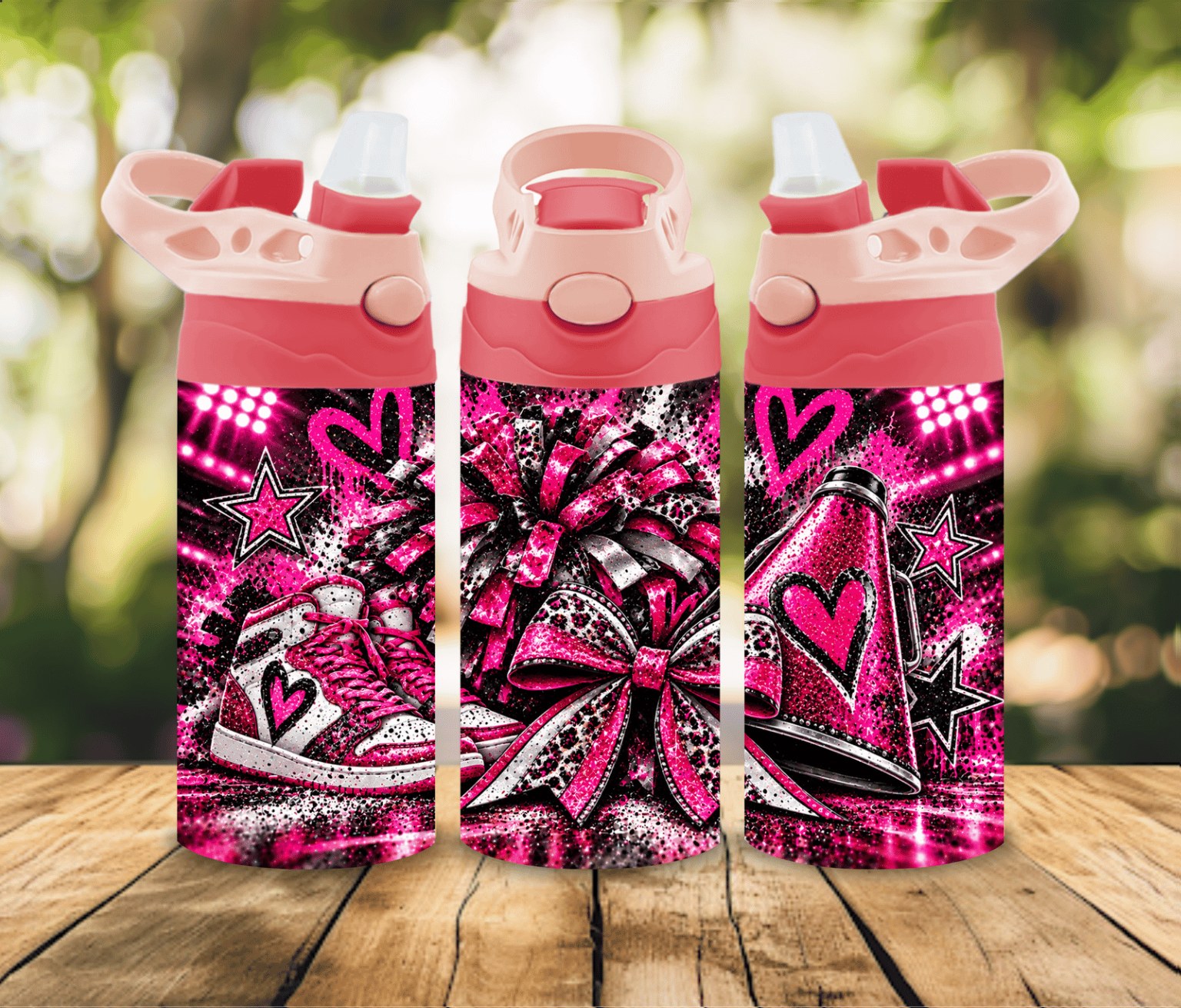 12 oz Pink Cheerleading Water Bottle | Glitter Cheer Bow & Megaphone | Girls Cheer Gift