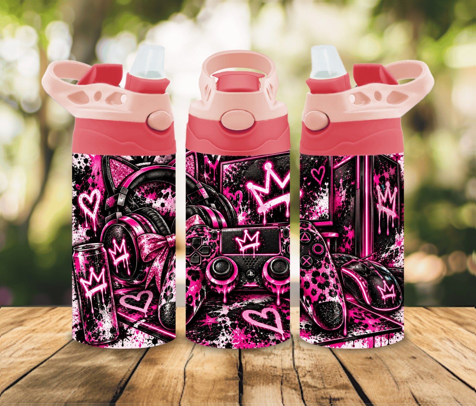 12 oz Pink Gamer Girl Water Bottle | Neon Gaming Controller & Cat Ear Headphones | Kids Gift