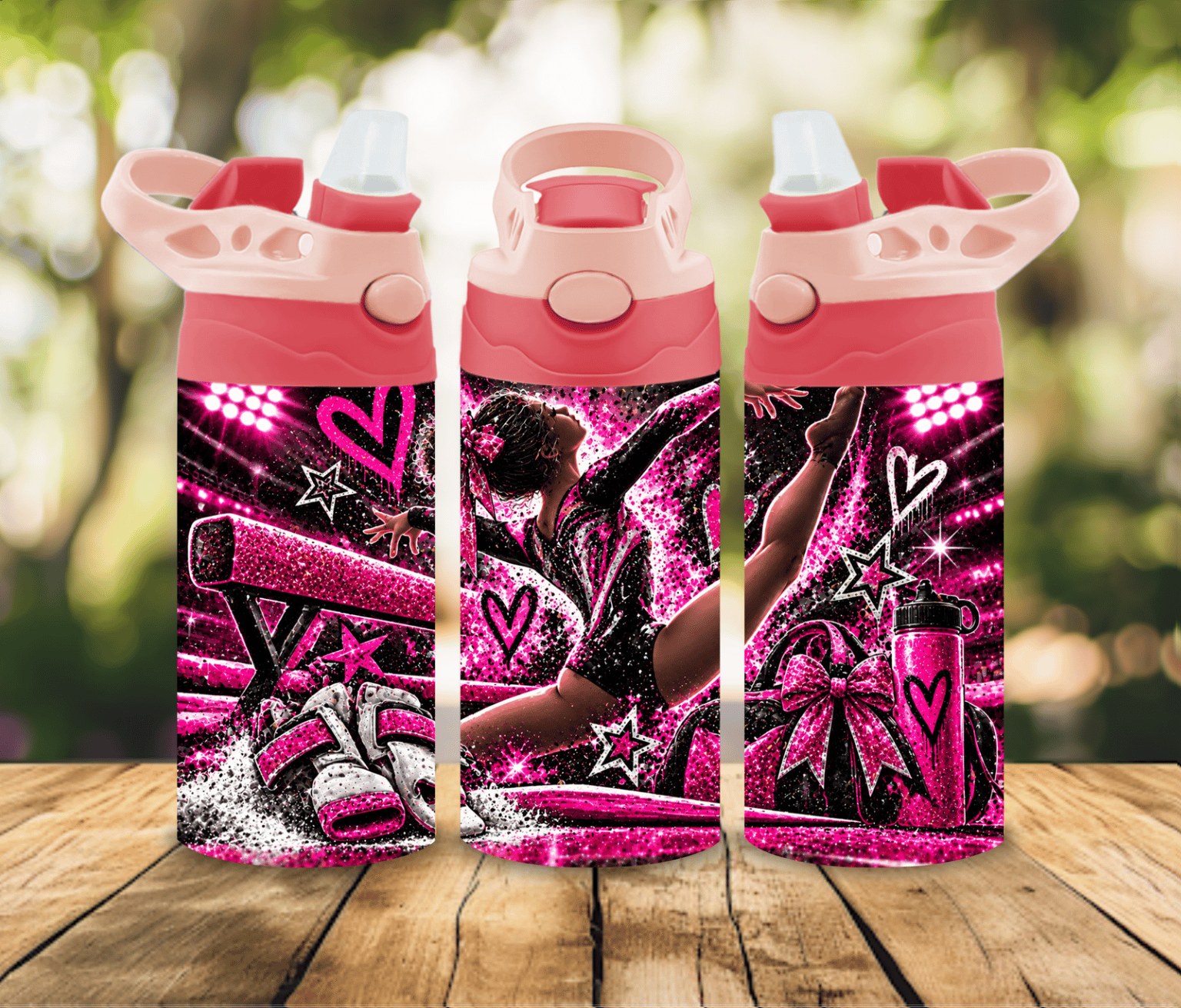 12 oz Pink Gymnastics Water Bottle | Glitter Gymnast Girl Design | Kids Gymnastics Gift