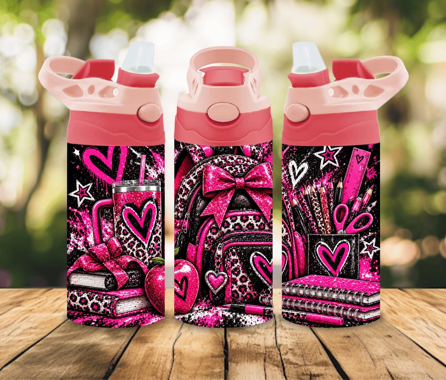12 oz Pink Leopard Print Water Bottle | Glitter School Backpack Design | Girls Back to School Gift