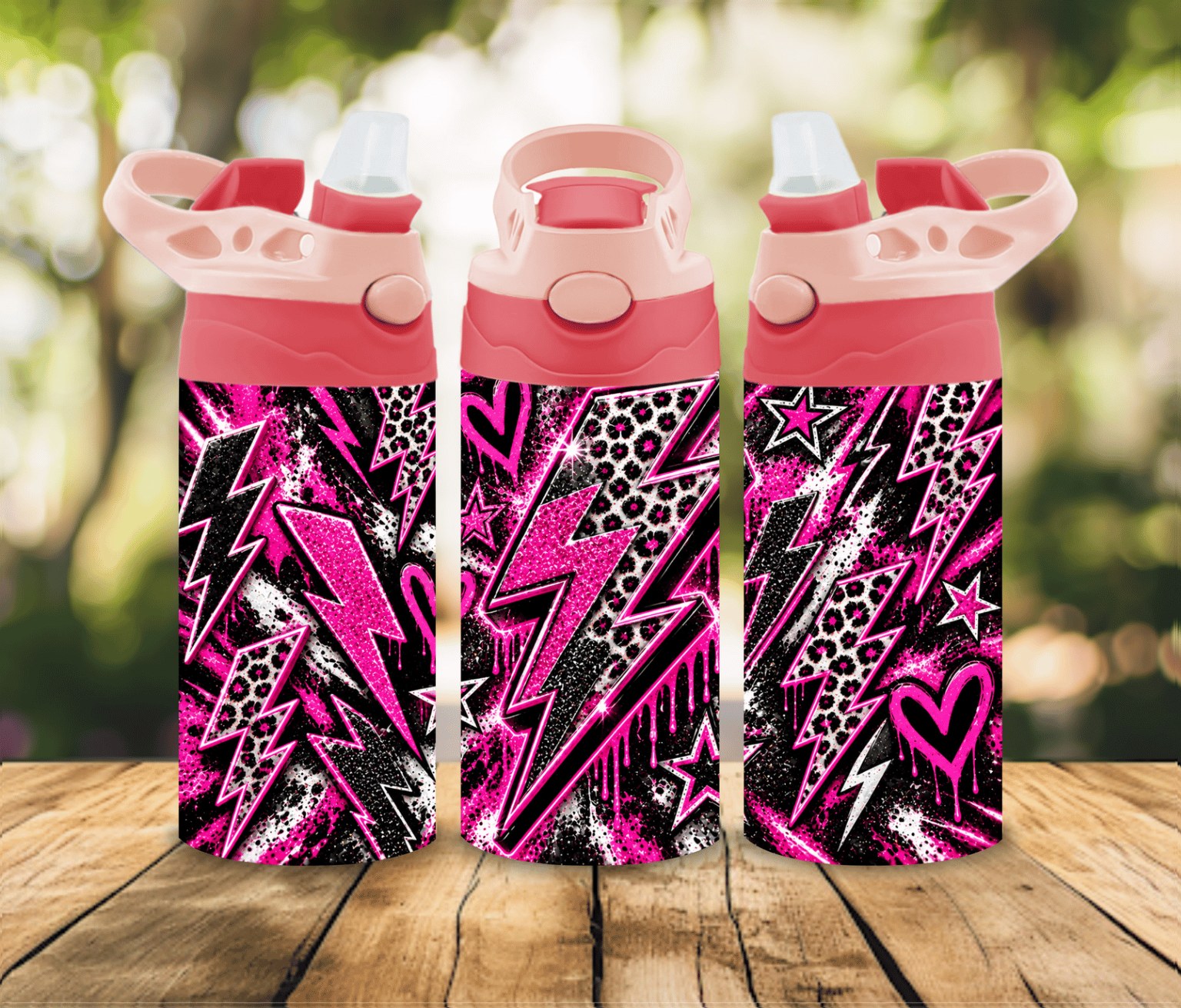 12 oz Pink Lightning Bolt Water Bottle | Hot Pink Glitter Leopard Print | Girls Kids Bottle