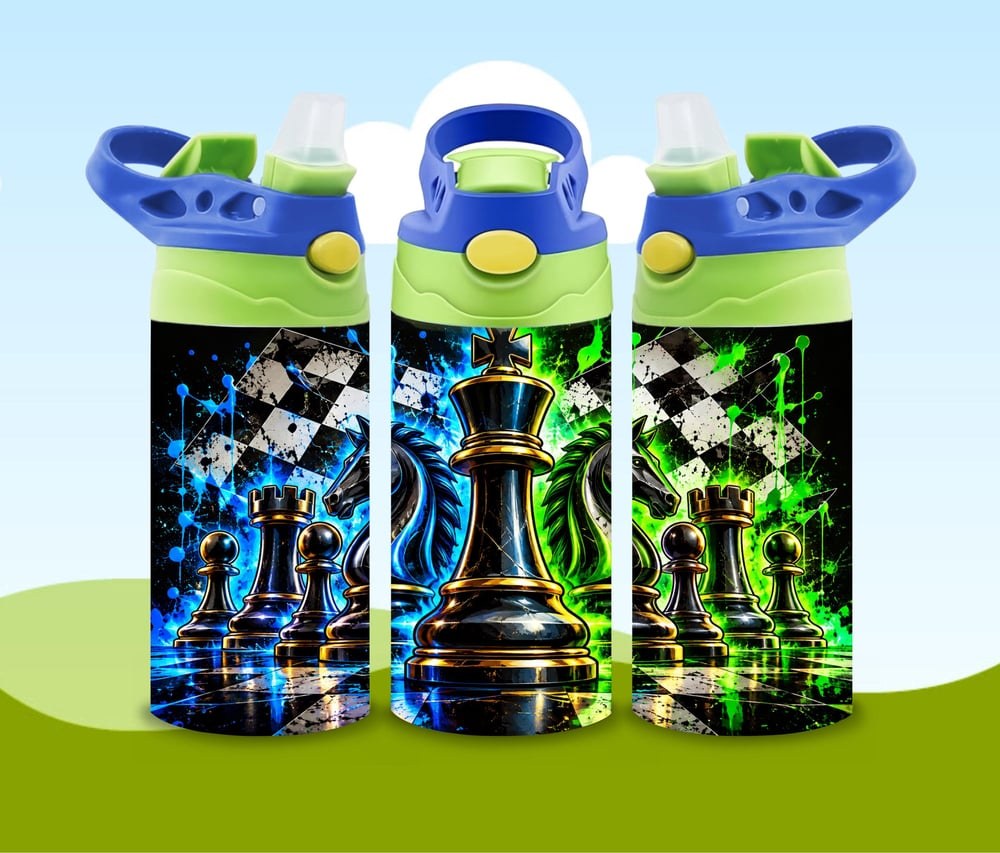 12oz Chess Kids Water Bottle | Blue and Green Chess Tumbler | Chess Lover Gift | Kids School Cup ..., view 2