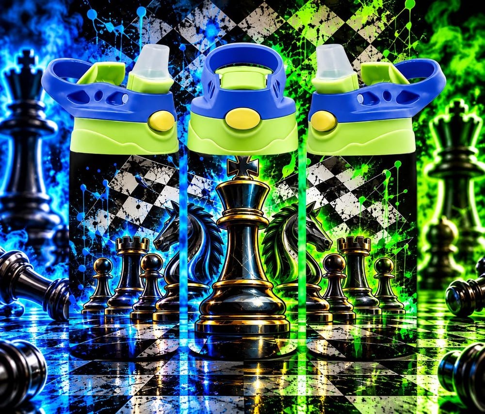 12oz Chess Kids Water Bottle | Blue and Green Chess Tumbler | Chess Lover Gift | Kids School Cup ...