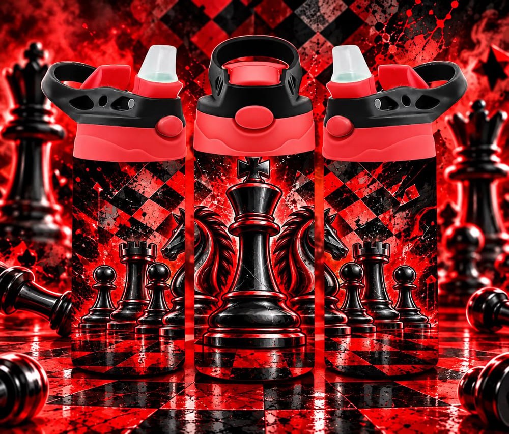 12oz Chess Kids Water Bottle | Red and Black Chess Design | Personalized Sports Bottle | Chess Lo...