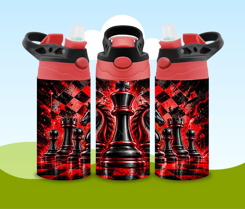 12oz Chess Kids Water Bottle | Red and Black Chess Design | Personalized Sports Bottle | Chess Lo..., view 2