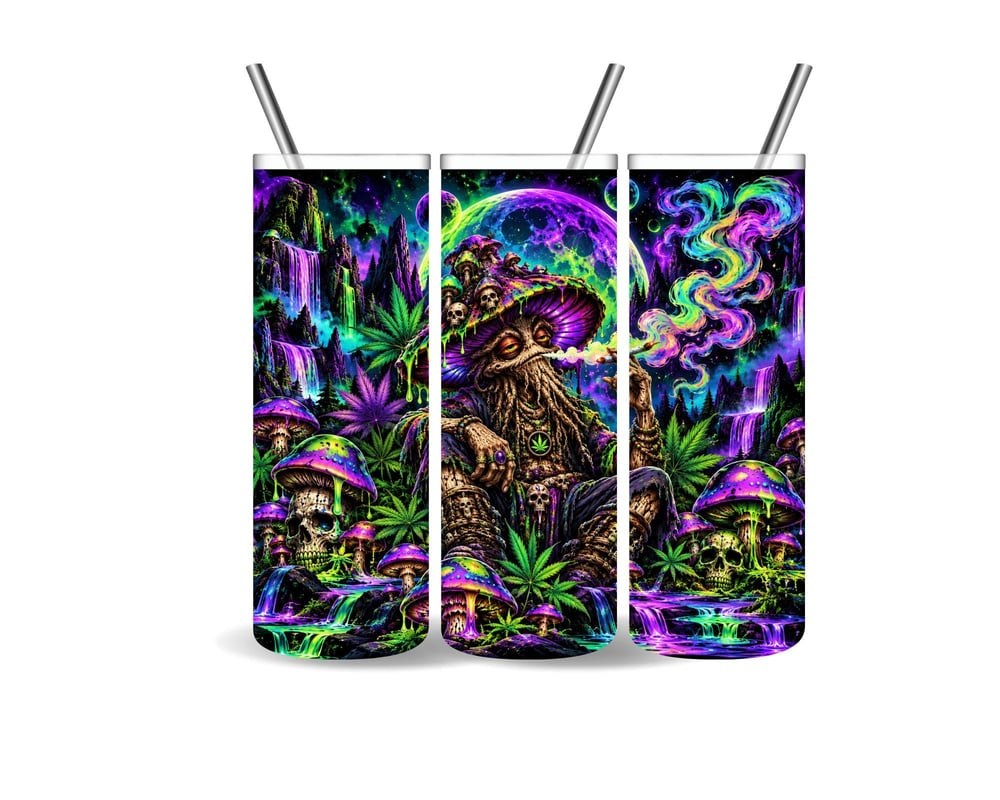 20 oz Psychedelic Mushroom Tumbler | Gothic Cannabis Design | Trippy Stoner Cup | Neon Mushroom M..., view 2