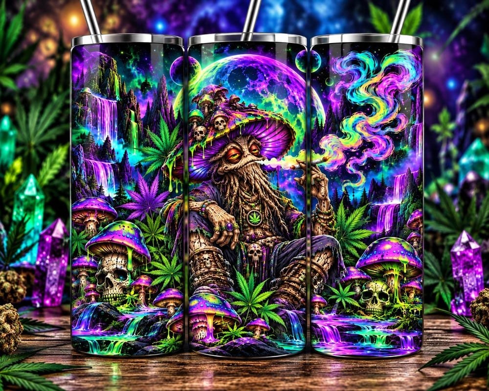 20 oz Psychedelic Mushroom Tumbler | Gothic Cannabis Design | Trippy Stoner Cup | Neon Mushroom M...