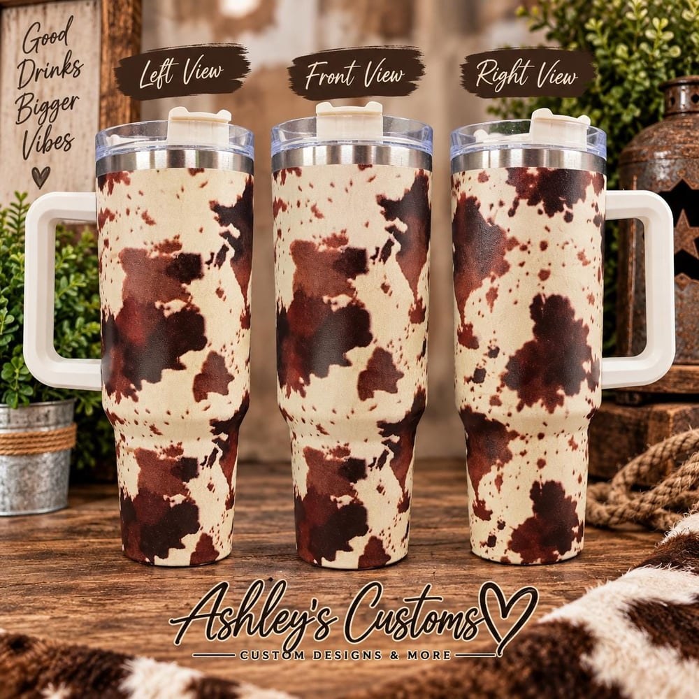 40oz Cow Print Tumbler with Handle | Western Cowhide Travel Cup | Rustic Country Tumbler | Farmho...