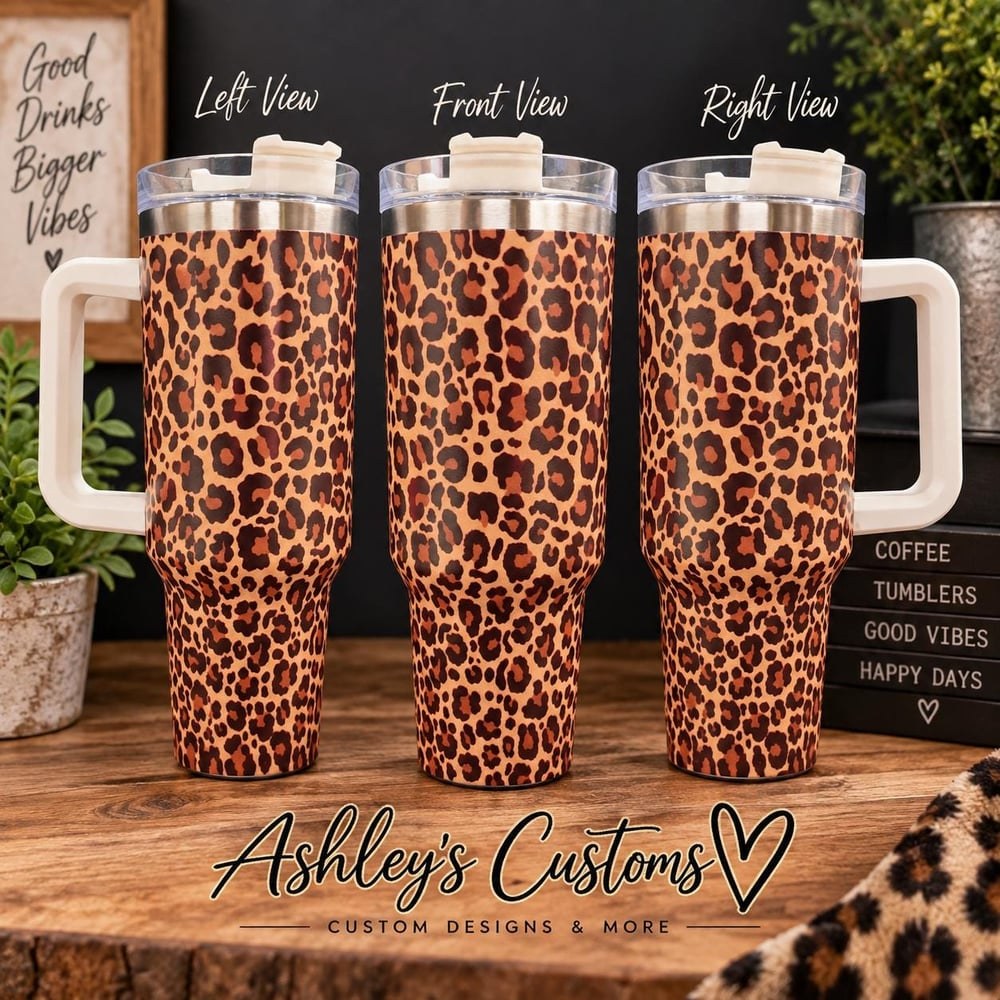 40oz Leopard Print Tumbler with Handle | Cheetah Print Travel Cup | Animal Print Tumbler | Trendy...