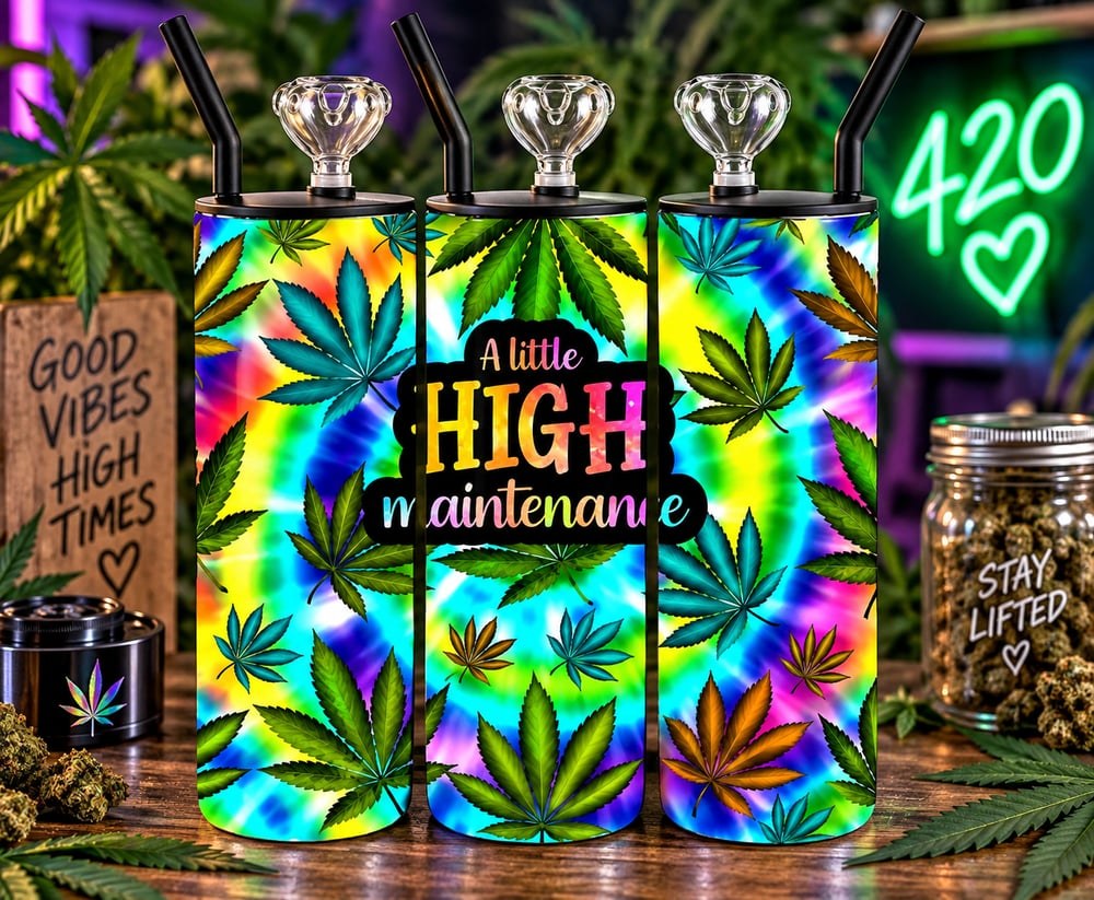 A Little High Maintenance 20 oz Cold Smoke Tumbler | Rainbow Tie Dye Cannabis Leaf Design
