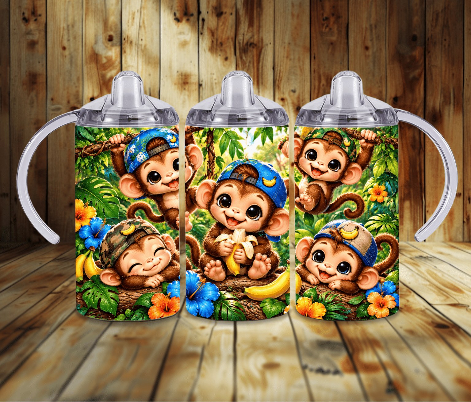 Baby Boy Monkey 12 oz Grow With Me Sippy Cup | Blue Jungle Monkey Toddler Tumbler | 2-in-1 Kids Cup