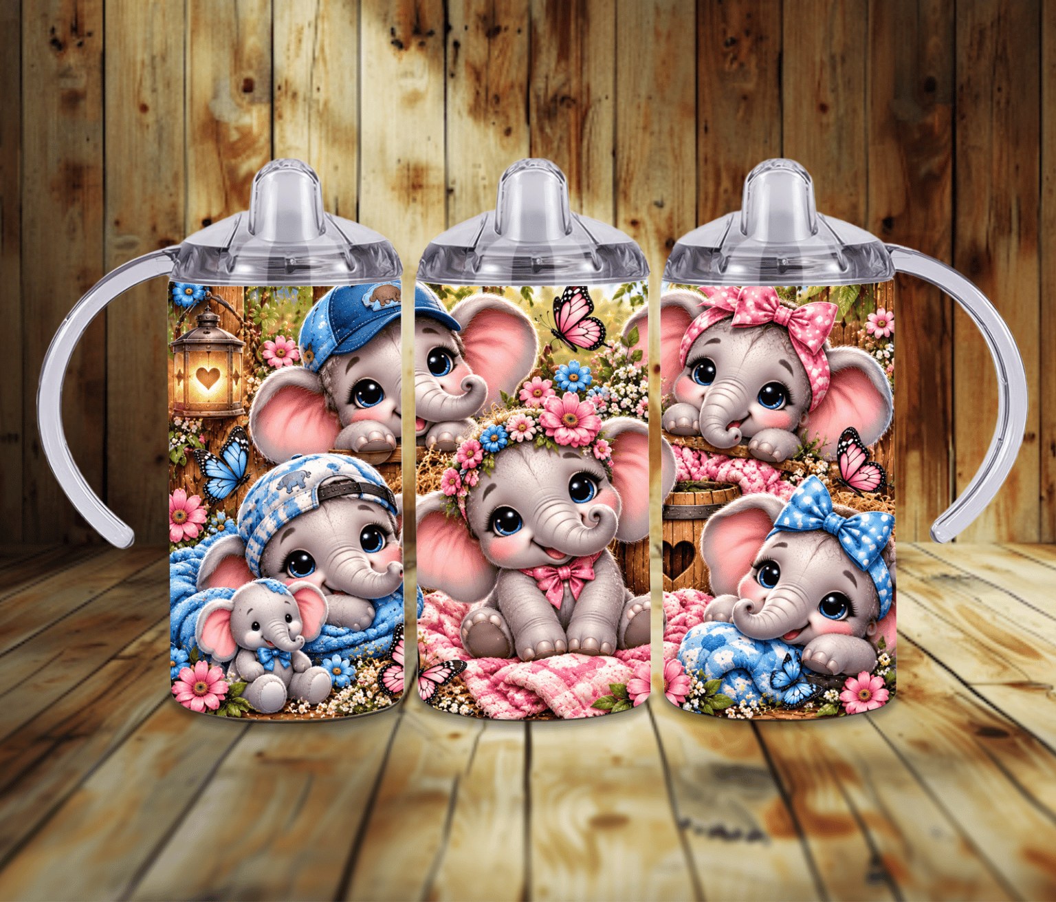 Baby Elephant 12 oz Grow With Me Sippy Cup | Pink & Blue Elephant Toddler Tumbler | 2-in-1 Kids Cup