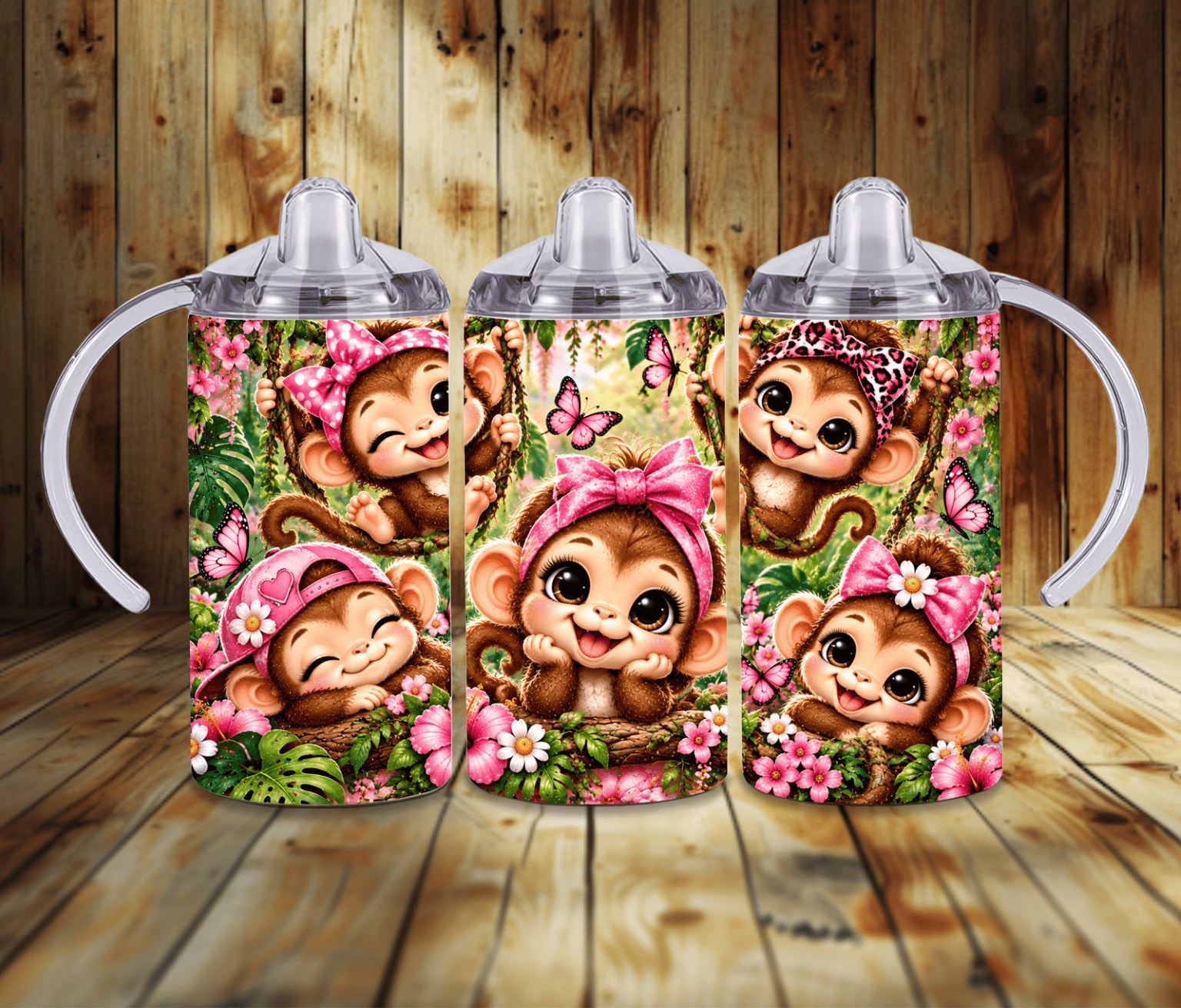 Baby Girl Monkey 12 oz Grow With Me Sippy Cup | Pink Jungle Monkey Toddler Tumbler | 2-in-1 Kids Cup