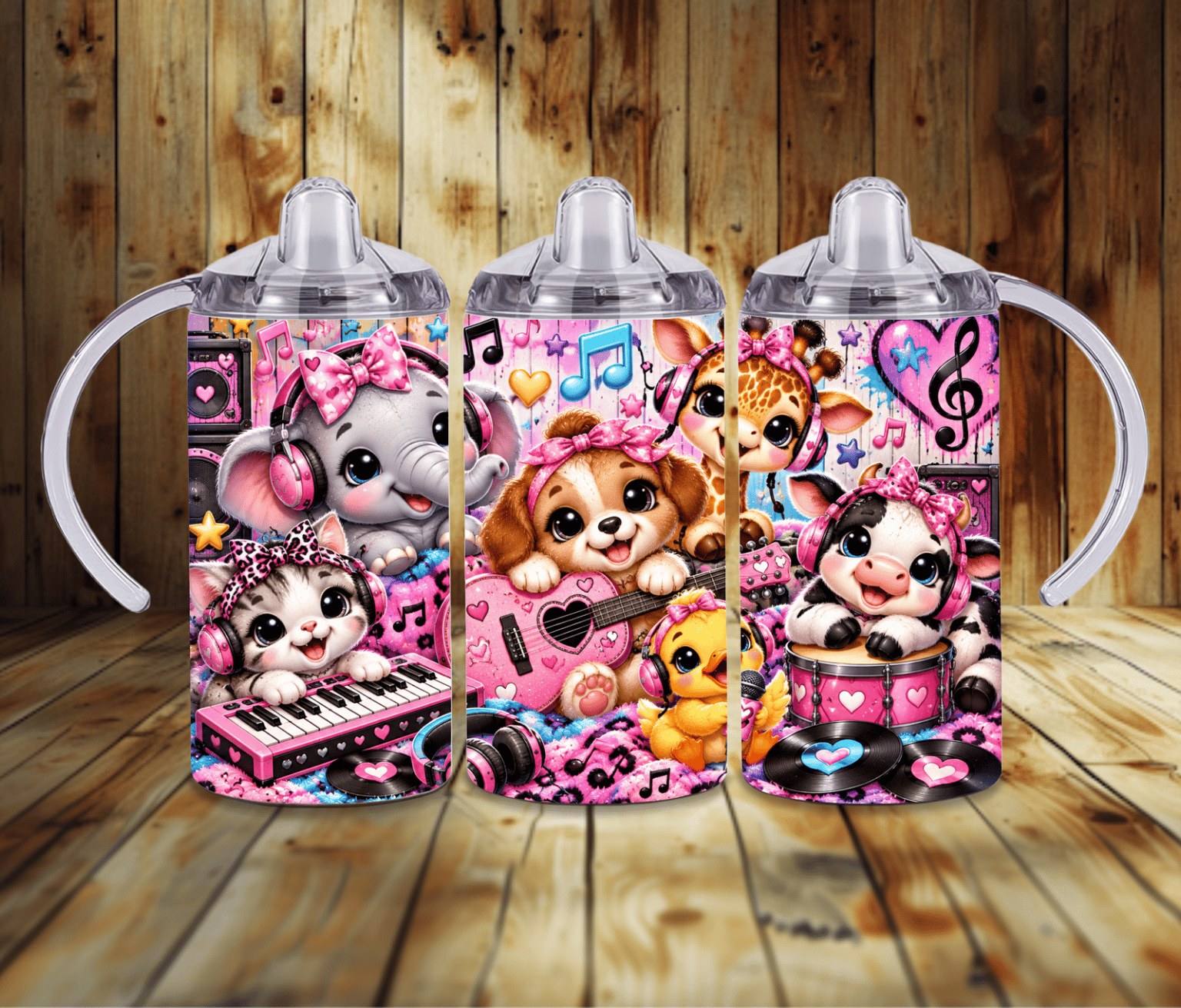 Baby Girl Music 12 oz Grow With Me Sippy Cup | Pink Rock Star Baby Animals Tumbler