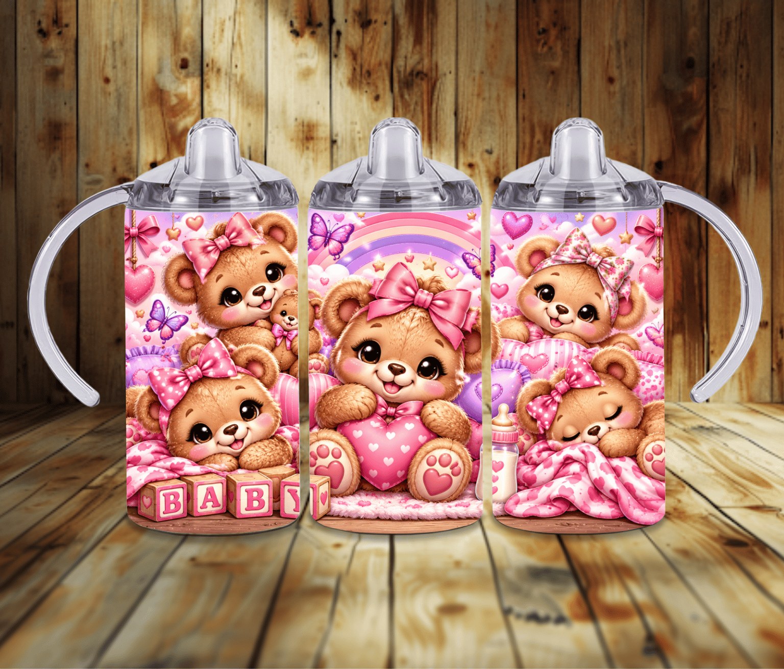 Baby Girl Teddy Bear 12 oz Grow With Me Sippy Cup | Pink & Purple Teddy Bear Toddler Tumbler