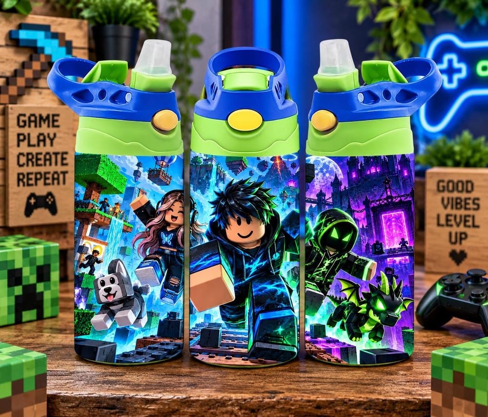 Block Gaming Kids Water Bottle | Pixel Adventure Tumbler (Blue Green)