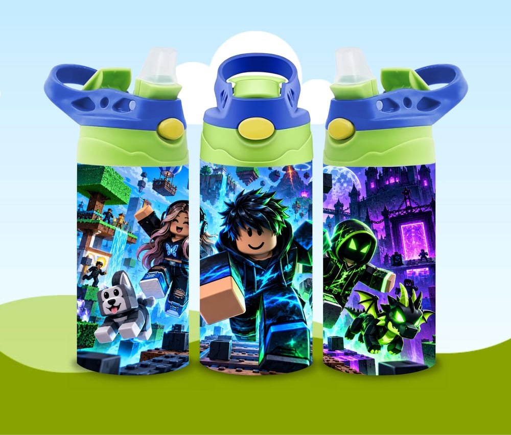 Block Gaming Kids Water Bottle | Pixel Adventure Tumbler (Blue Green), view 2