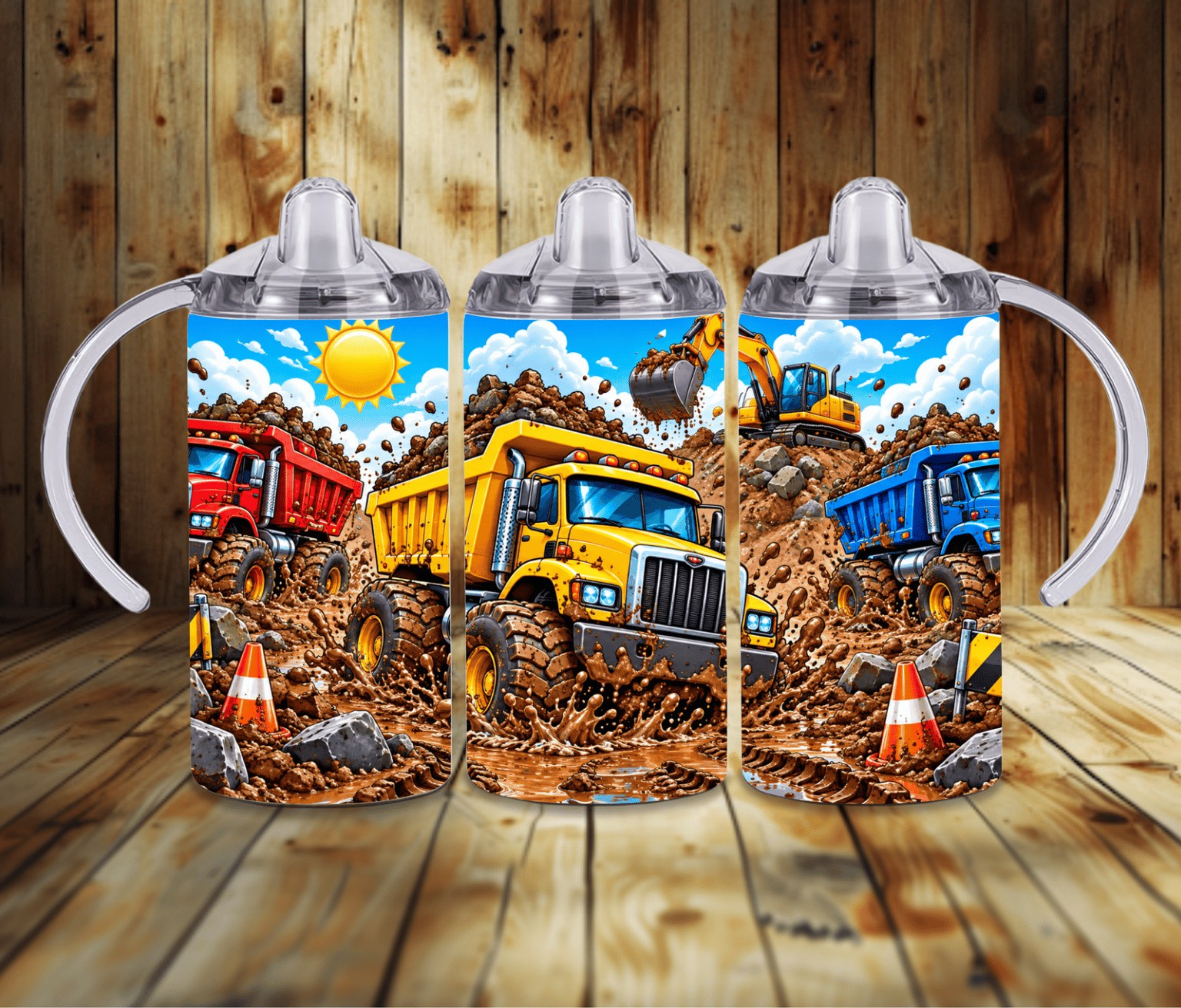 Construction Dump Trucks 12 oz Grow With Me Sippy Cup | Muddy Trucks & Excavator
