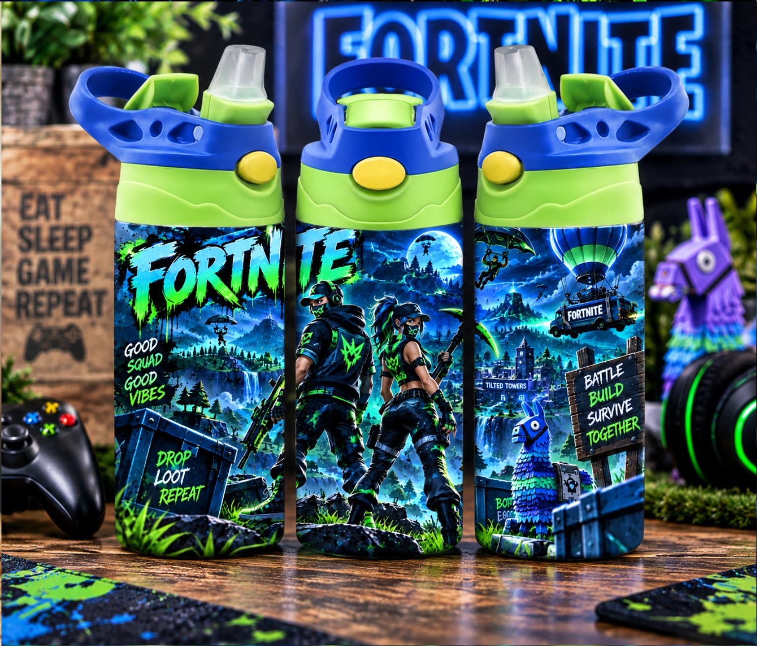 Fortnite Inspired 12 oz Kids Water Bottle | Blue & Neon Green Gamer Tumbler