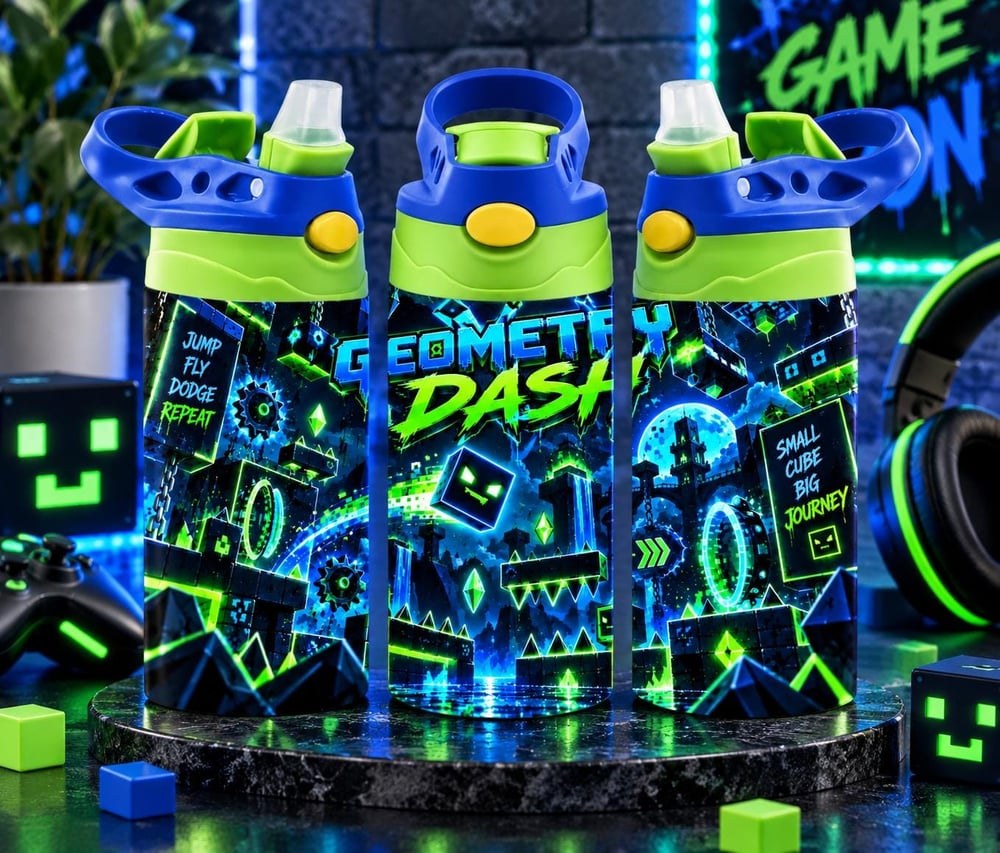 Geometry Dash Water Bottle | Blue Green Gamer Tumbler with Straw (Handmade)