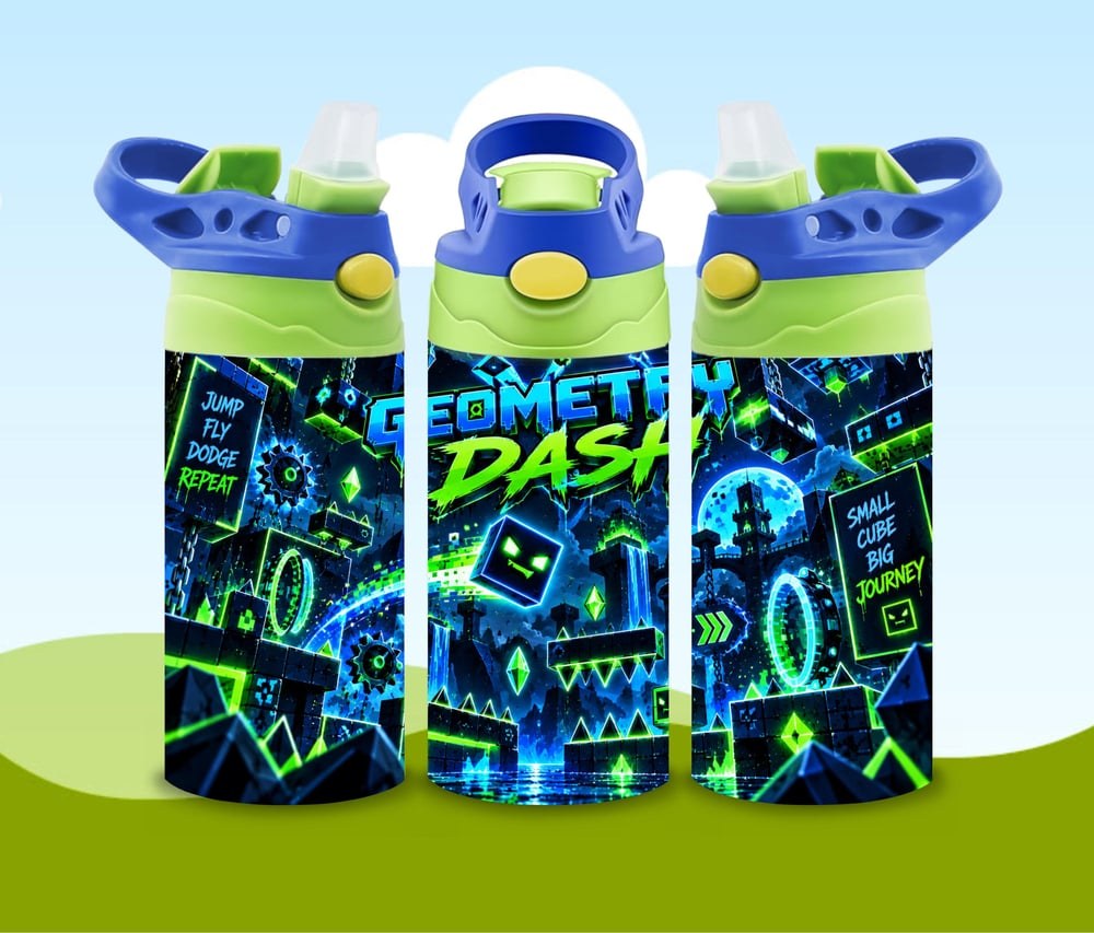 Geometry Dash Water Bottle | Blue Green Gamer Tumbler with Straw (Handmade), view 2