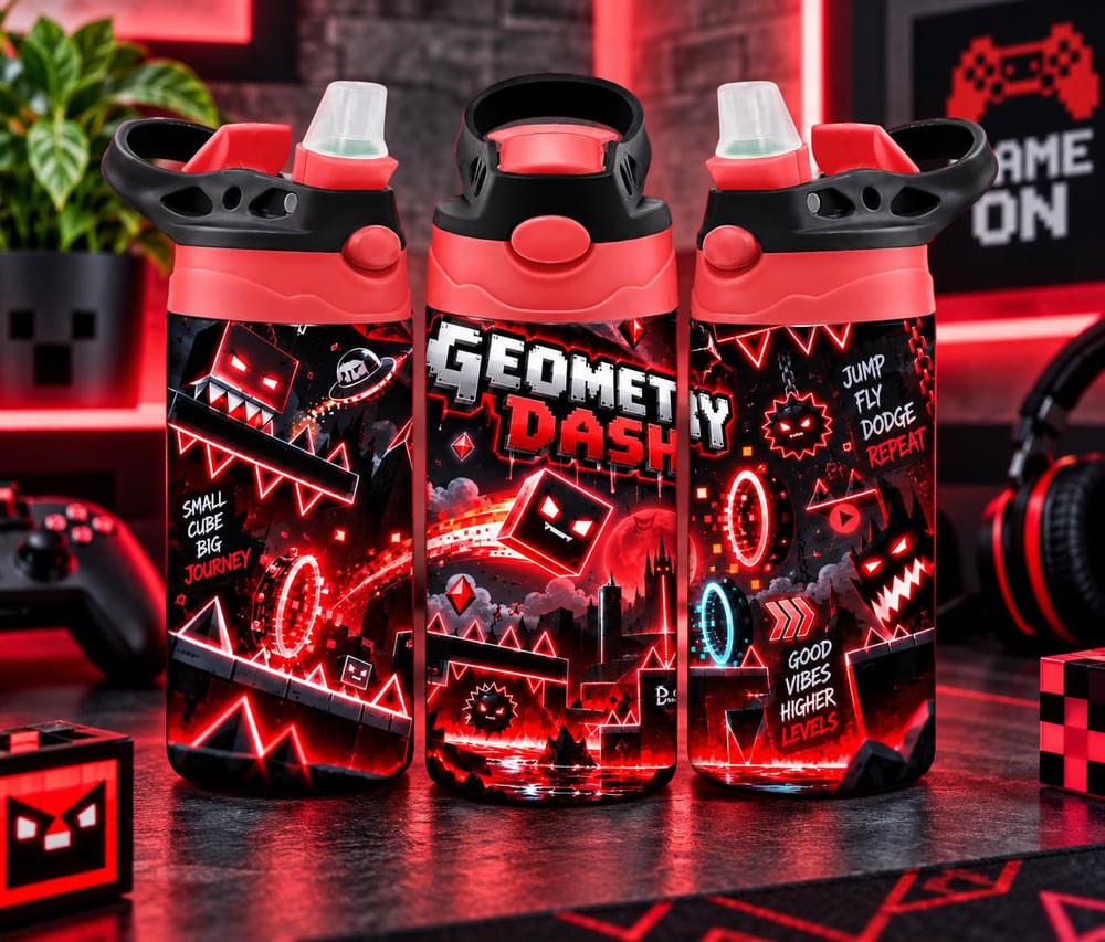 Geometry Dash Water Bottle | Red Black Gamer Tumbler with Straw (Handmade)