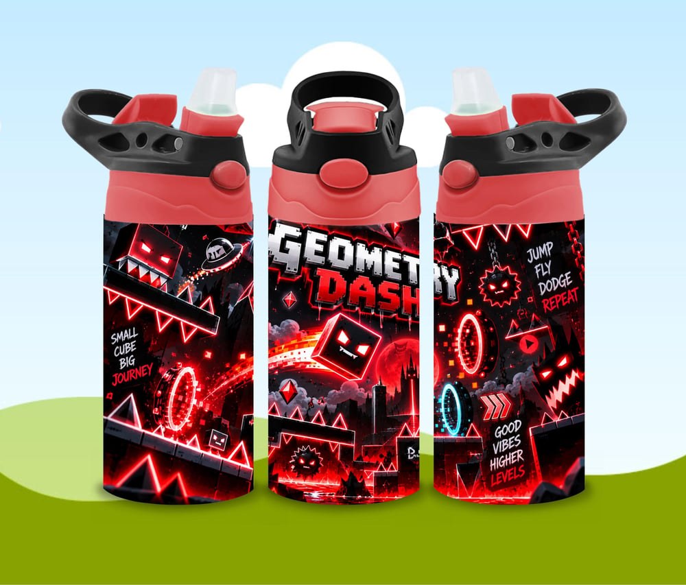 Geometry Dash Water Bottle | Red Black Gamer Tumbler with Straw (Handmade), view 2
