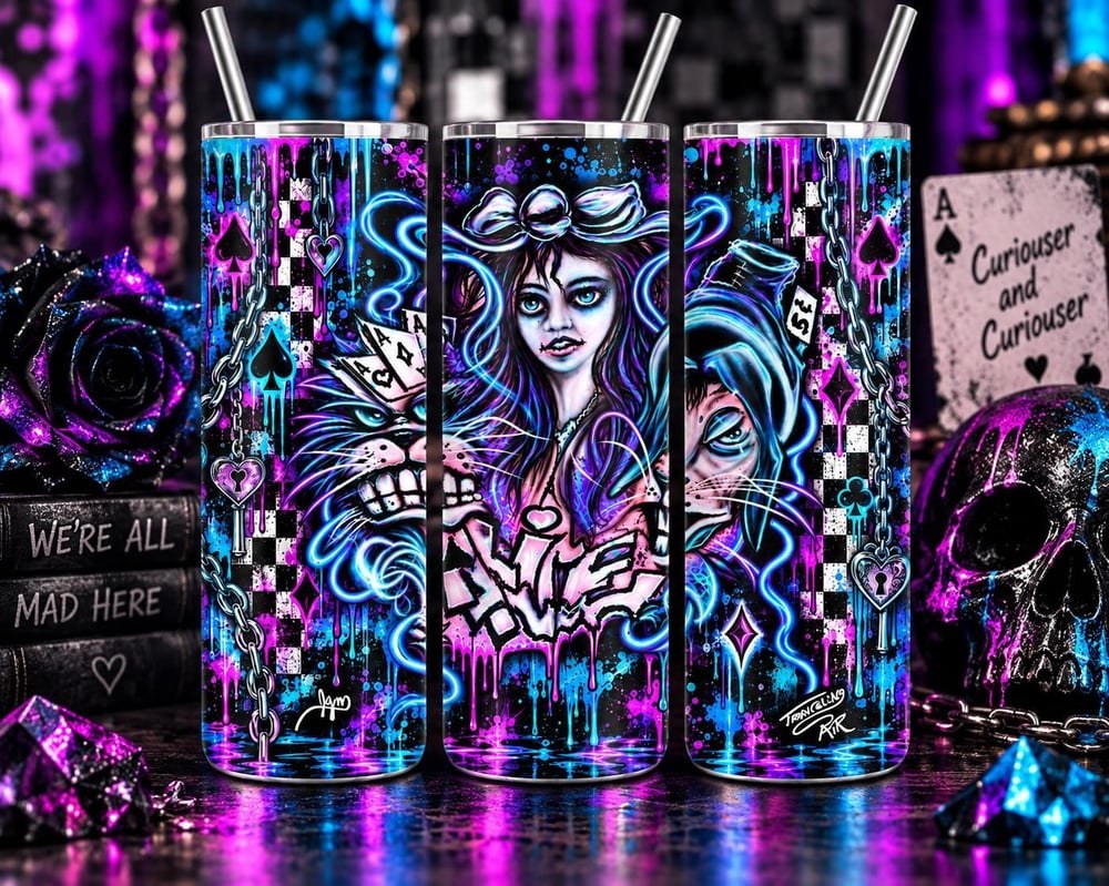 Gothic Wonderland Skinny Tumbler | Neon Alice, Cheshire Cat, Mad Hatter (20oz)