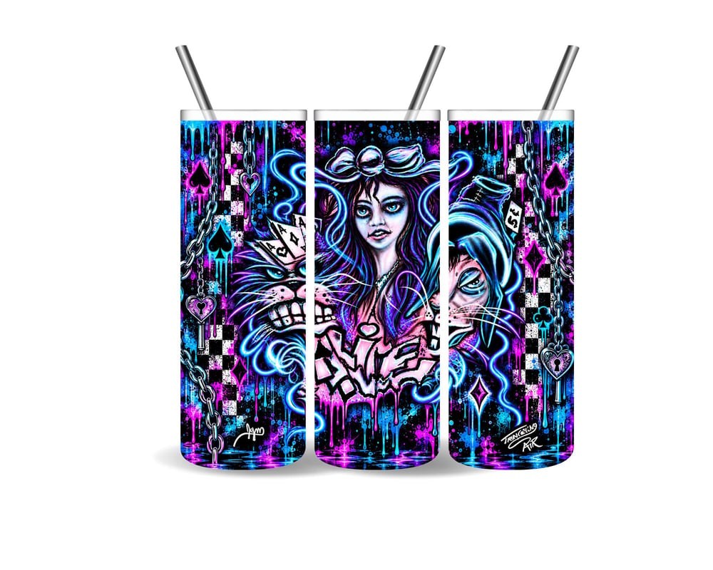 Gothic Wonderland Skinny Tumbler | Neon Alice, Cheshire Cat, Mad Hatter (20oz), view 2