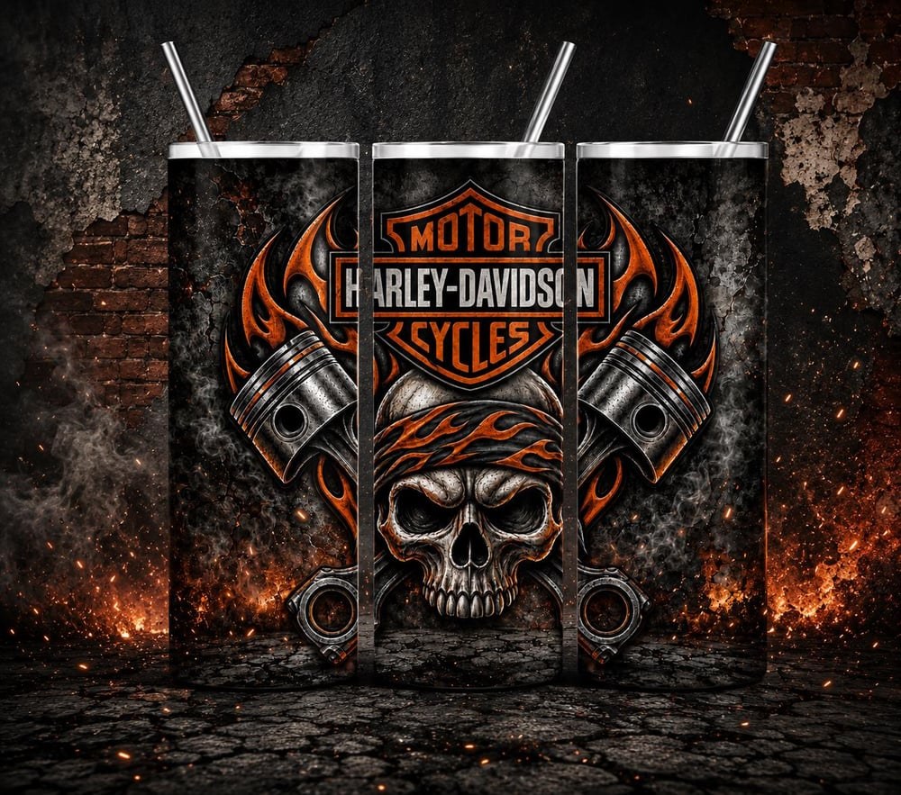 Harley Davidson Skull Flames Tumbler, 20 oz Stainless Steel Cup, Biker Gift