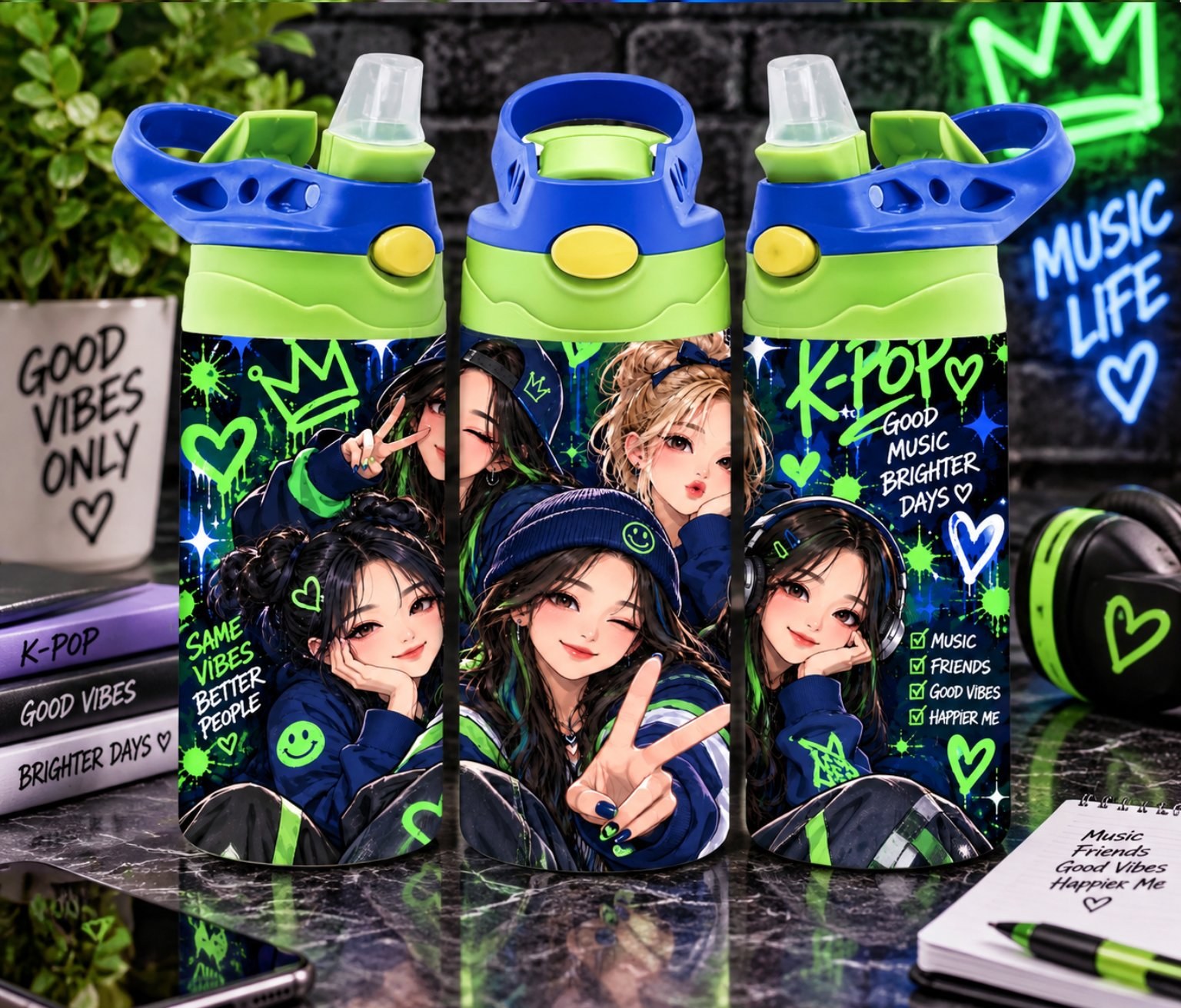 K-Pop Inspired 12 oz Kids Water Bottle | Blue & Neon Green Anime Girls Tumbler
