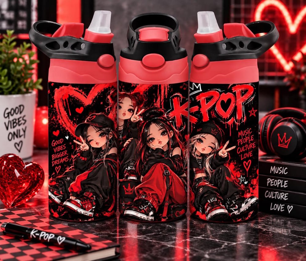 K-Pop Inspired Red Black Tumbler | Music Lover Kids Bottle (Insulated)