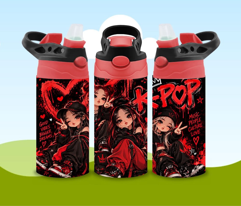 K-Pop Inspired Red Black Tumbler | Music Lover Kids Bottle (Insulated), view 2