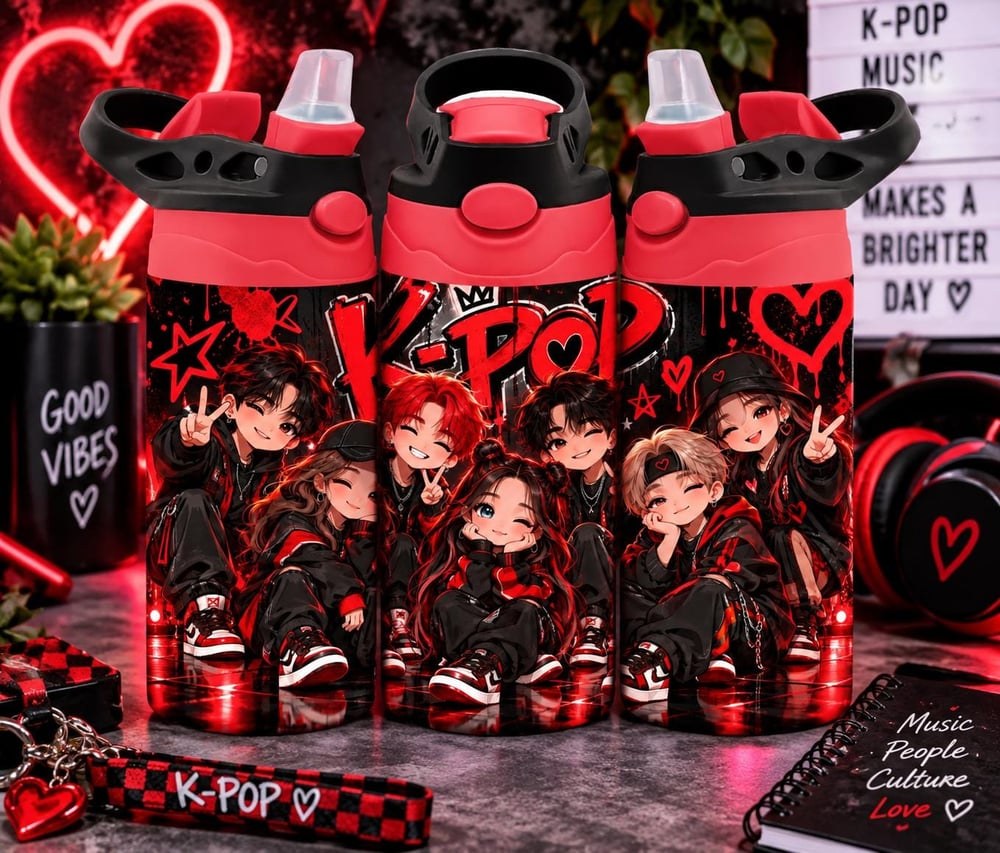 K-Pop Kids Water Bottle | Red Black Tumbler | Music Lover Cup (Insulated)