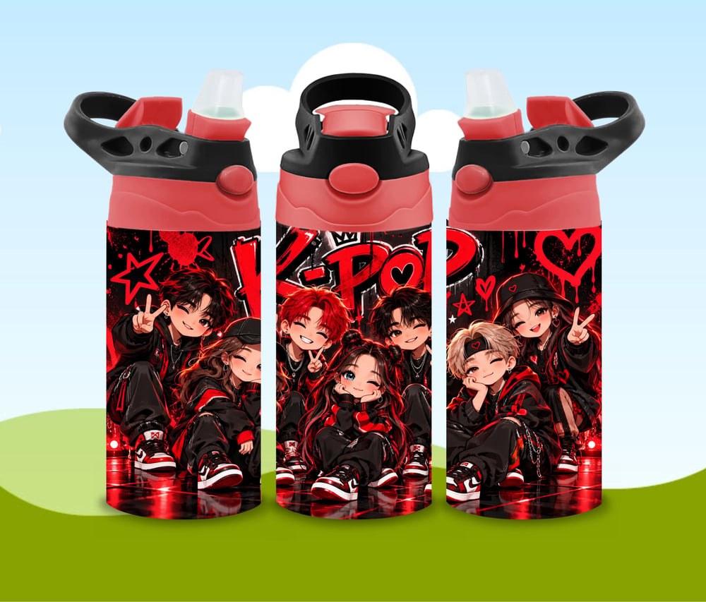 K-Pop Kids Water Bottle | Red Black Tumbler | Music Lover Cup (Insulated), view 2