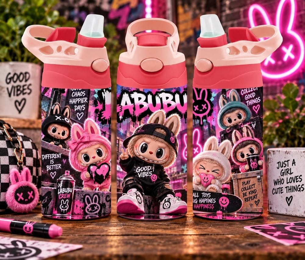 Labubu Inspired Pink Black Kawaii Water Bottle | Graffiti Bunny Tumbler (Kids)